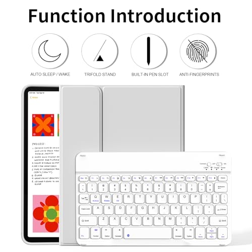 kenke for iPad 11/10th Gen Case with Keyboard 11/10.9 inch 2025 A16/2022, Detachable Wireless Bluetooth Keyboard Case with Bulit-in Pencil Holder, White Square Keycaps (Gray - color: Gray