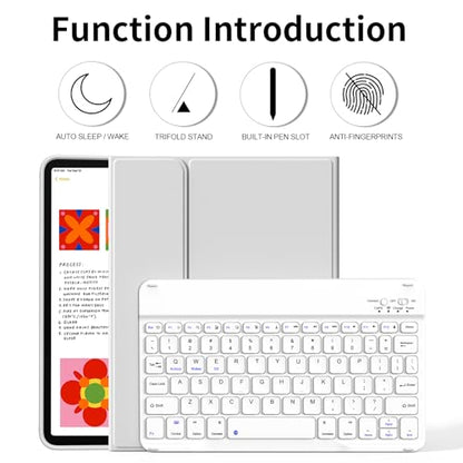 kenke for iPad 11/10th Gen Case with Keyboard 11/10.9 inch 2025 A16/2022, Detachable Wireless Bluetooth Keyboard Case with Bulit-in Pencil Holder, White Square Keycaps (Gray - color: Gray