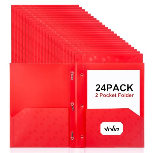 ViVin Plastic Folders with Pockets and Prongs,24 Pack,Heavy Duty 2-Pocket File Folder with 3 Fasteners,Fits Letter Size Paper,for School Home and Office(Bright Red) - color: Bright Red, size: 24 PACK