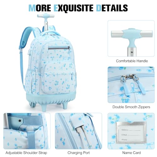 ACESAK Rolling Backpack for Girls - Roller Wheels School bag with Lunch Bag & Pencil Pouch for Teen Girls Kids Wheeled Suitcase Backpacks, Elementary Middle School Travel Daypack (Blue Bow) - color: Blue Bow