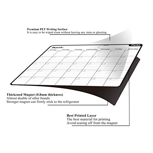 Magnetic Dry Erase Monthly Calendar, White and Black | 0.8mm thick magnetic calendar, stainproof PET, 10000+ erases, kit includes markers, eraser, bookmarks, eco fridge planner - color: Monthly White&black