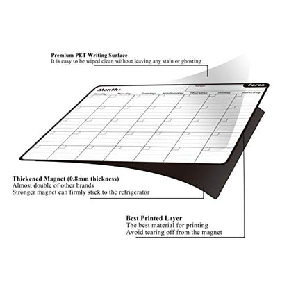 Magnetic Dry Erase Monthly Calendar, White and Black | 0.8mm thick magnetic calendar, stainproof PET, 10000+ erases, kit includes markers, eraser, bookmarks, eco fridge planner - color: Monthly White&black
