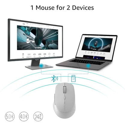 Rapoo M300G Silent Wireless Mouse, Bluetooth Mouse for Laptop, 2.4GHz with USB Receiver, 2400 Adjustable DPI Optical Tracking, 1 Year Battery Life, Compatible with PC, Grey - color: Light Grey