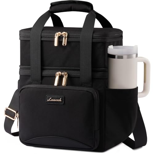 LOVEVOOK Insulated Lunch Bag For Women,Large Double Deck Adult Lunch Box,Teacher Lunch Tote Bag With Cup Holder,Leakproof Cooler Bag With Adjustable Shoulder Strap For Work Picnic Beach,Larger 15L - color: Black, size: Large —15l