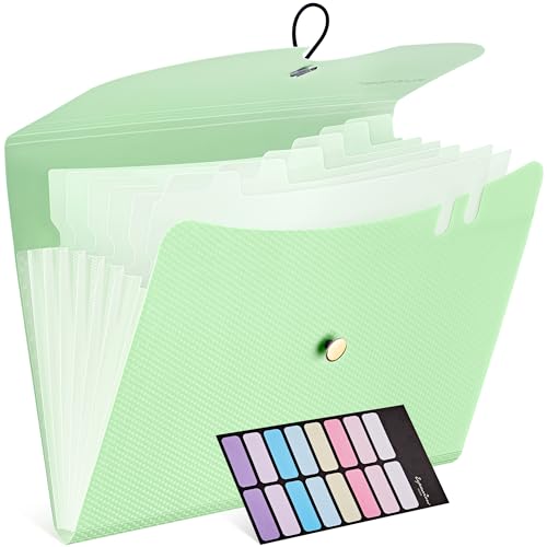 JARLINK 7 Pockets Expanding File Folder, A4 Size Accordion File Folders with 12 Labels, Cute Paper Organizer, Portable Document Organizer for Home College School Office Supplies, Macaron Green - color: Macaron Green