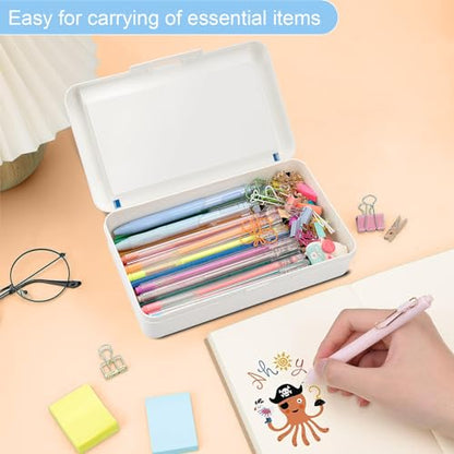 SFLHHDM Pencil Box, Double Layer Large Capacity, White Blue, 1pcs | Plastic, Snap-tight Lid, Stackable Storage, For Gel Pen Pencils Crayons, Office Supplies - color: White Blue-1pcs
