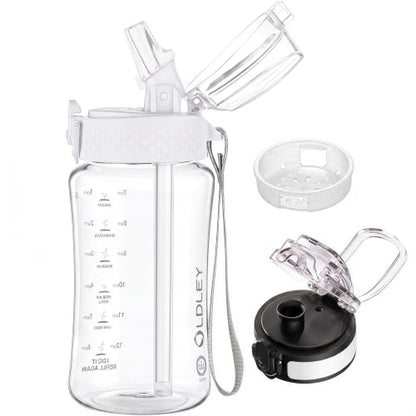 OLDLEY Kids Water Bottle for School, 12 oz (2 lids) BPA-Free Reusable Leak-proof Durable Tritan Plastic Water Bottles with Straw & Chug Lids, Anti-dust Spout Cover (Clear) - color: A-Clear, size: 12 Ounces