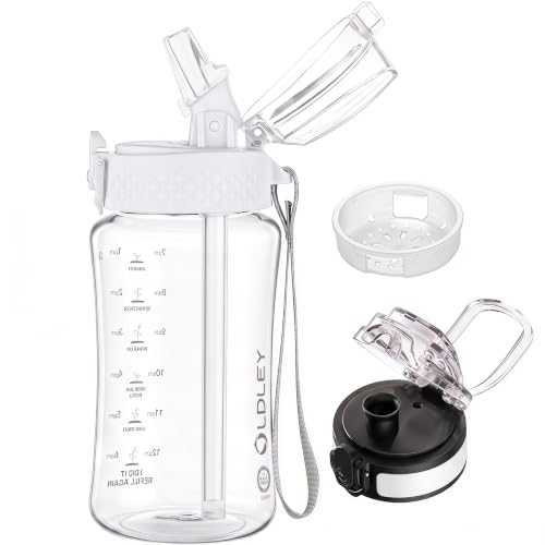 OLDLEY Kids Water Bottle for School, 12 oz (2 lids) BPA-Free Reusable Leak-proof Durable Tritan Plastic Water Bottles with Straw & Chug Lids, Anti-dust Spout Cover (Clear) - color: A-Clear, size: 12 Ounces