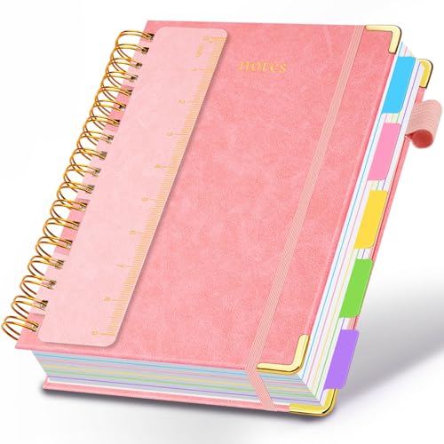 Hardcover Spiral Notebook 8"x10" Journal Notebook with Tabs and Removable Dividers 300 Pages 5 Subject Notebook College Ruled, Faux Leather Spiral Bound Notebook for Women School Work (Pink) - color: Pink, size: 8"x10"(B5)