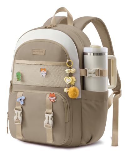 LOVEVOOK Cute School Backpack for Girls Ages 8-14, Lightweight Bookbag with Cartoon Charms & Pins, Back to School Backpack for Elementary & Middle School, Fits 15.6 Inch Laptop and 40oz Tumbler - color: Off-white & Khaki, size: 15.6 Inch