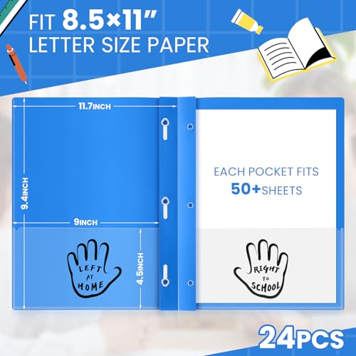 Henoyso 24 Pcs Plastic Folders with Clear Front Pockets and Prongs School to Home File Organizer Plastic Folder for Back to School Parent Teacher Communication Homework Office (Blue) - color: Blue