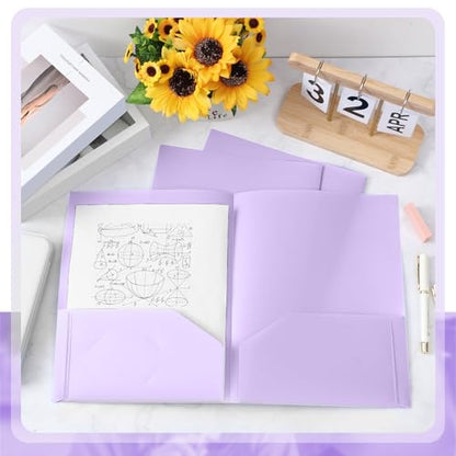 Gueevin 100 Pack Plastic Folder with Pockets, 2 Pocket Folders, Plastic Glossy Folders Fit Letter Size Paper, Heavy Duty Durable File Folder with Business Card for Home Office School (Light Purple) - color: Light Purple
