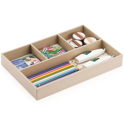 KINGFOM 4-Slot Leather Drawer Tray Desk Stationery Sundries Organizer Storage Box Pen Pencil Holder Case Container (Dark Beige) - color: Dark Beige