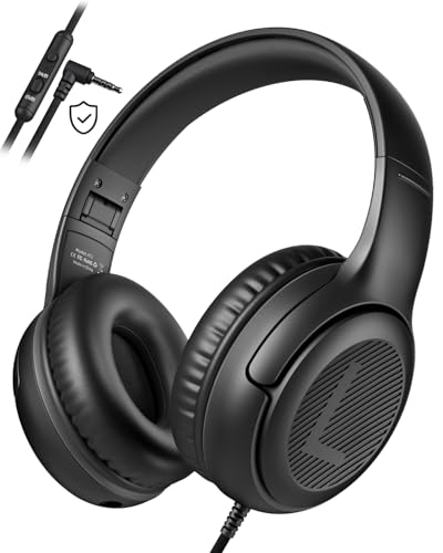 awatrue Kids Headphones for School Travel, 85/94dB Safe Volume Limit, 3.5mm Jack, HD Mic, Portable Wired Headphone with Shareport, Stereo Sound On-Ear Headphones for Toddler Kids Girls Boys Black - color: Black