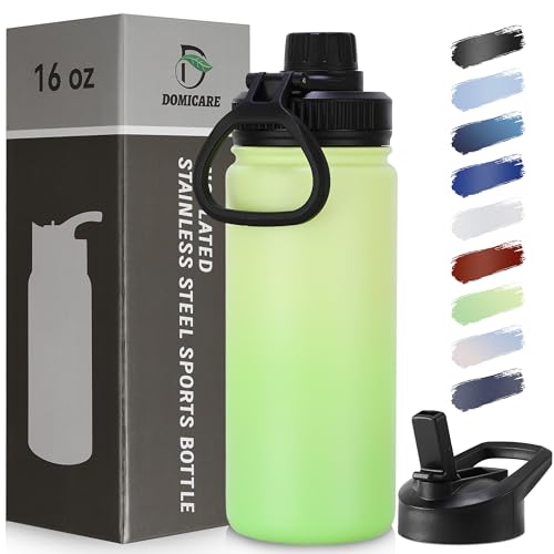 DOMICARE 16 oz Water Bottle Stainless Steel Double Wall Vacuum Insulated Water Bottle with Straw lids & Spout Lid, Leakproof - color: Green Gradient, size: 16 Ounces