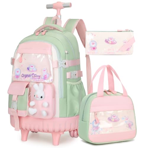 FIXITOK Rolling Backpack for Girls, Kawaii Bunny Roller Wheels School Backpacks with Lunch Bag Pencil case, Wheeled Suitcase Bookbag for Elementary Travel Green - color: Green