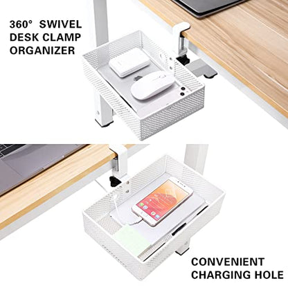 Mesh Desk Organizer and Clamp-on Swivel Pencil Drawer, Desk Hidden Desk Organizer Extra Sturdy C-Clamp Mount System and Easy to Instal, Home Office Art Supply Storage Box (White) - color: White