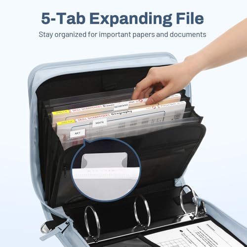 SUNEE Zipper Binder 3 Ring, 3 Inch O-Ring with Handle and Shoulder Strap, 600-Sheet Capacity, 5-Tab Expanding File Folder, Multi-Pockets for Middle School Organizer Binder with Zipper, Dusk Blue - color: Dusk Blue