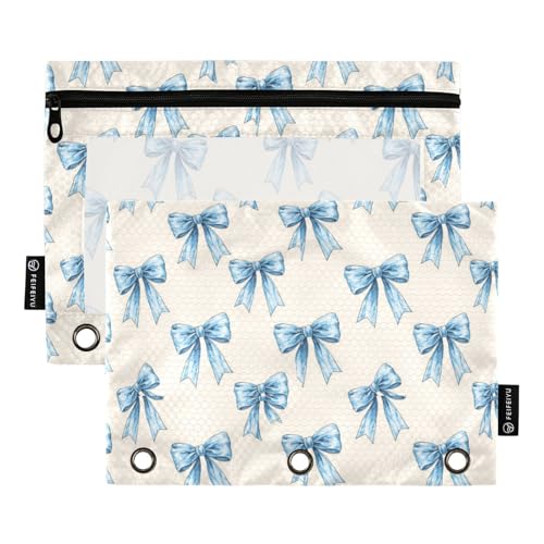 Gredecor Binder Pencil Pouch 3 Ring Blue Ribbon Bow Watercolor Zipper Pencil Pouches Case 2 Pack Clear Binder Organizer for School Office - color: Blue Ribbon Bow Watercolor