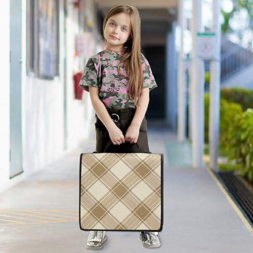 Light Brown Plaid Pattern Zipper Binder 3 Ring with Shoulder Strap and Handle Multiple Pockets Expanding File Folder Organizer
