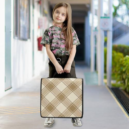 Light Brown Plaid Pattern Zipper Binder 3 Ring with Shoulder Strap and Handle Multiple Pockets Expanding File Folder Organizer