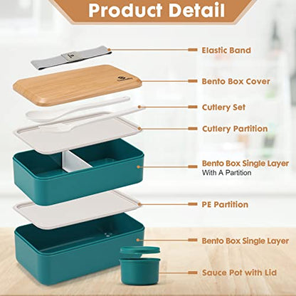 Sinnsally Bento Box Adult Lunch Box,Stackable Japanese Bento Lunch Box Containers for Women/Men with Compartments(47oz),Lunch Containers with Utensil Set,Leak-Proof Lunchbox,Rectangle(Nordic Green) - color: Nordic Green