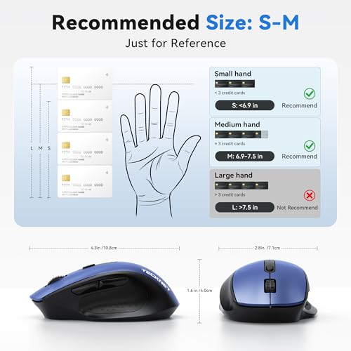 TECKNET Wireless Mouse for Laptop, (BT5.2/3.0 & 2.4G) Bluetooth Wireless Mouse, Silent Click, 5-Level Adjustable DPI, Ergonomic Portable Computer Mice for Laptop, PC, MacBook, Chromebook - color: Blue