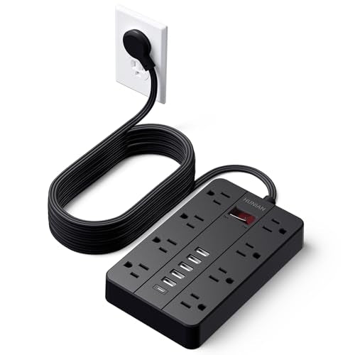 15 Ft Long Extension Cord Power Strip with Multiple Outlets, HUNIAN Flat Plug with 8 Widely Spaced Outlets 6 USB, Wall Mount Charging Station for Home and Office, Black - color: Black, size: 15FT