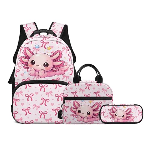 Kids Bookbag & Insulated Lunch Bag & Pencil Case Set for Elementary School, Axolotl 3-Piece Matching Backpack Lunchbox Pouch for Girls, Lightweight Waterproof Student Supplies - color: Pink Bows-axolotl