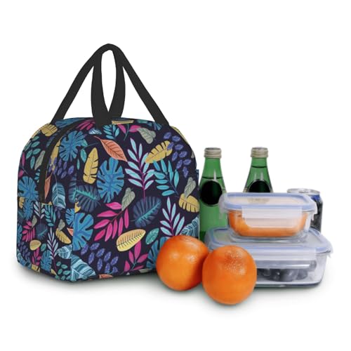 Imiss Blue Tropical Leaves Insulated Lunch Bag for Woman Man Adults， Hawaii Hawaiian Plants Reusable Cooler Lightweight Lunch Cooler Bag with Front Pocket for Picnic Work Office - color: Blue Tropical Leaves