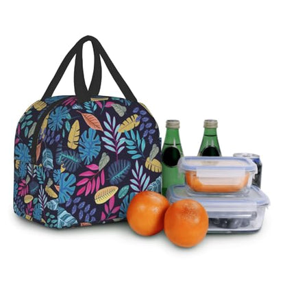 Imiss Blue Tropical Leaves Insulated Lunch Bag for Woman Man Adults， Hawaii Hawaiian Plants Reusable Cooler Lightweight Lunch Cooler Bag with Front Pocket for Picnic Work Office - color: Blue Tropical Leaves