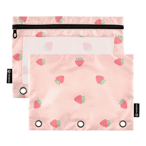 Fustylead Pink Strawberry Pencil Pouch Fits Standard 3-Ring Binders, Zipper Binder Pencil Bag with Clear Window for Office School Class Students 2 Pack - color: Pink Strawberry