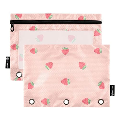 Fustylead Pink Strawberry Pencil Pouch Fits Standard 3-Ring Binders, Zipper Binder Pencil Bag with Clear Window for Office School Class Students 2 Pack - color: Pink Strawberry