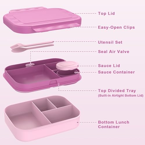 Caperci Stackable Bento Lunch Box for Adult & Teens - Reinforced Leak-Proof Lunch Container 4-Compartment with Utensils & Sauce Container, BPA-Free, Dishwasher/Microwave Safe, 47oz (Cherry Blossom) - color: Cherry Blossom