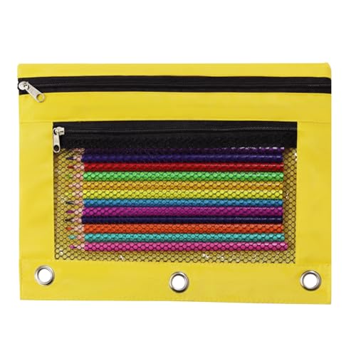 3 Ring Pencil Pouch for Binder, 2-Pocket Zipper Pencil Case with Clear Window & Mesh Pocket, 600D Oxford Fabric Binder Pouch for School Office Supplies, Fits Standard 3-Ring Binders, Yellow - color: Yellow