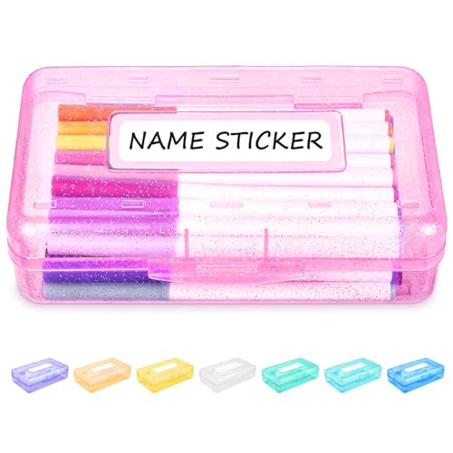 Sooez Pencil Box with Personalized Sticker,Large Hard Pencil Case Organizer | Clear Plastic Crayon Box for Girls and Boys, Colored Marker Organizer, Small Plastic Containers/Bins with Lids, Art Supply - color: Pink Glitter