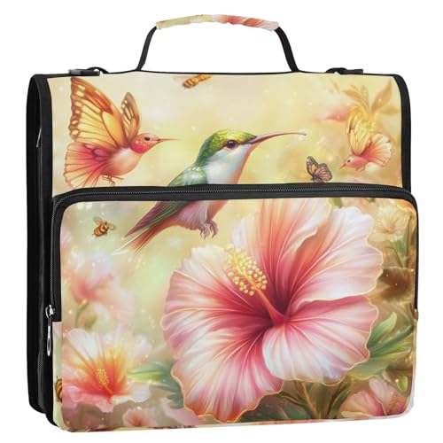 Hibiscus Blossom and Hummingbirds Zipper Binder 3 Ring 1.5 Inch School Binder Organizer with Shoulder Strap Handle File Folder Pockets Large Capacity Students Girl Boy Men Office Work - color: Hibiscus Blossom and Hummingbirds