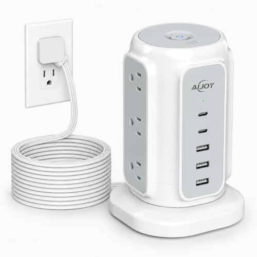 AiJoy 10FT Flat Plug Power Strip Tower with 9 AC Outlets and 5 USB Ports | 1200J Surge Protector Power Strip Outlet Extender Charging Station for Home, Office Supplies, Dorm Essentials - color: White-10FT