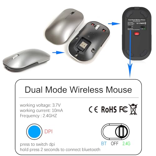 Bluetooth Wireless Mouse for MacBook/Windows/Android Tablet/iPad/Mac/Laptop/PC/Computer,Rechargeable Dual Mode(BT5.2 & 3.0 & 2.4G USB) Silent Mouse for Desktop/Notebook/Computer