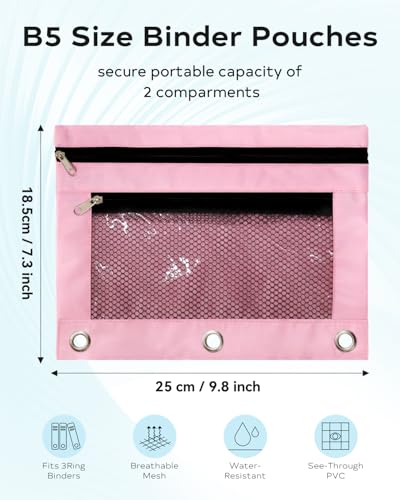 Pencil Pouch 3 Ring Binder: 3 Ring Binder Pencil Case Bag Zipper Pencil Pouch Bulk Holder Accessories Clear Window Pencil Case Aesthetic Pencil Organizer Pockets (Pink, 1), 3RB-muti - color: Pink