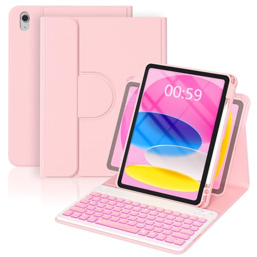 YBING for iPad A16 Case with Keyboard 11th & 10th Generation Dedicated | 7-Color Backlit Wireless Detachable Keyboard & 360° Rotating Cover (iPad Placed Horizontal or vertical) with Pencil Holder - color: Pink
