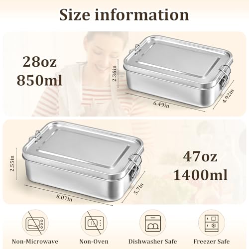 Qtencas Stainless Steel Lunch Box, 47oz / 1.4L Stainless Steel Bento Box | Metal Lunch Bento Box with Removable Dividers, Leakproof Condiment Containers, Dishwashing Sponge and Foldable Sporks - size: 47oz