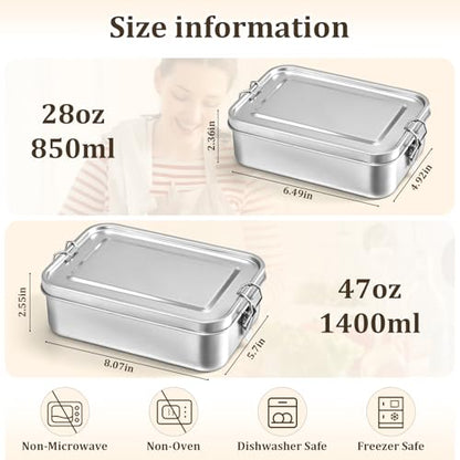 Qtencas Stainless Steel Lunch Box, 47oz / 1.4L Stainless Steel Bento Box | Metal Lunch Bento Box with Removable Dividers, Leakproof Condiment Containers, Dishwashing Sponge and Foldable Sporks - size: 47oz