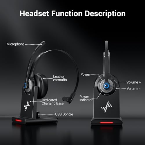 JIAMQISHI Bluetooth Headset - Wireless Headset with Noise Cancelling Microphone, V5.2 Computer Headphones with USB Dongle, Charging Base & Mic Mute for Work/Call Center/PC/Laptop/Online Class/Zoom - color: Black