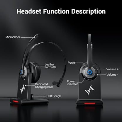JIAMQISHI Bluetooth Headset - Wireless Headset with Noise Cancelling Microphone, V5.2 Computer Headphones with USB Dongle, Charging Base & Mic Mute for Work/Call Center/PC/Laptop/Online Class/Zoom - color: Black