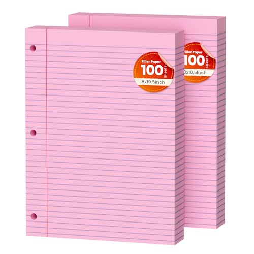 Pink Loose Leaf Paper 200 Sheets Colored Filler Paper 2 Pack 8 * 10.5 College Ruled 3-Hole Punched Paper for 3-Ring Binders Notebook Lined 8" x 10.5" - color: Pink 2 Pack