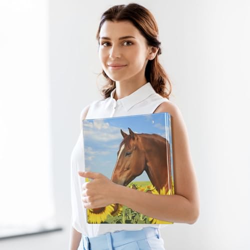 Fustylead Beautiful Horse in Sunflower Field and Blue Sky 3 Ring Binder, D-Rings 1.5" Hardcover Folder, Fits 200 Sheets of A4 Paper, Durable Clipboard & Clean View with Inside Pockets for School Home - size: 12.4x10.63x2.36 Inch-2 Pack