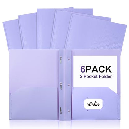 ViVin Sturdy Plastic Folder with Pockets,6 Pack,Heavy Duty Two Pocket 3 Prong Folders,Holds Letter Size Paper,File Folders with Business Card Slot for School Home and Office(Light Purple) - color: Light Purple, size: 6 PACK