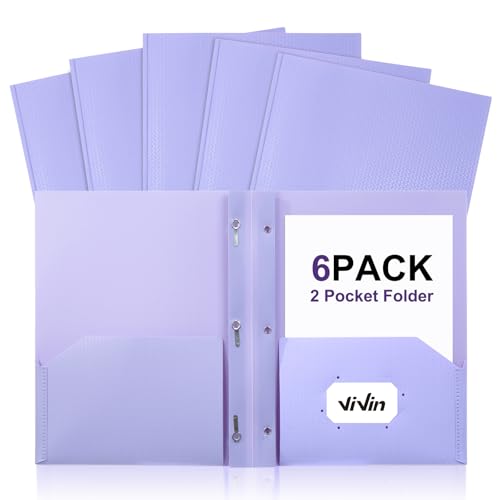 ViVin Sturdy Plastic Folder with Pockets,6 Pack,Heavy Duty Two Pocket 3 Prong Folders,Holds Letter Size Paper,File Folders with Business Card Slot for School Home and Office(Light Purple) - color: Light Purple, size: 6 PACK