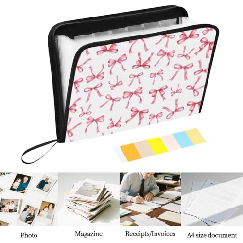 WEBEEDY Portable 13 Pockets Expanding File Folder with Labels and Zipper, Pink Bow Prints Document Folder Cute Accordion File Organizer for A4 Paper Letter Receipt Paperwork Office, Back to School